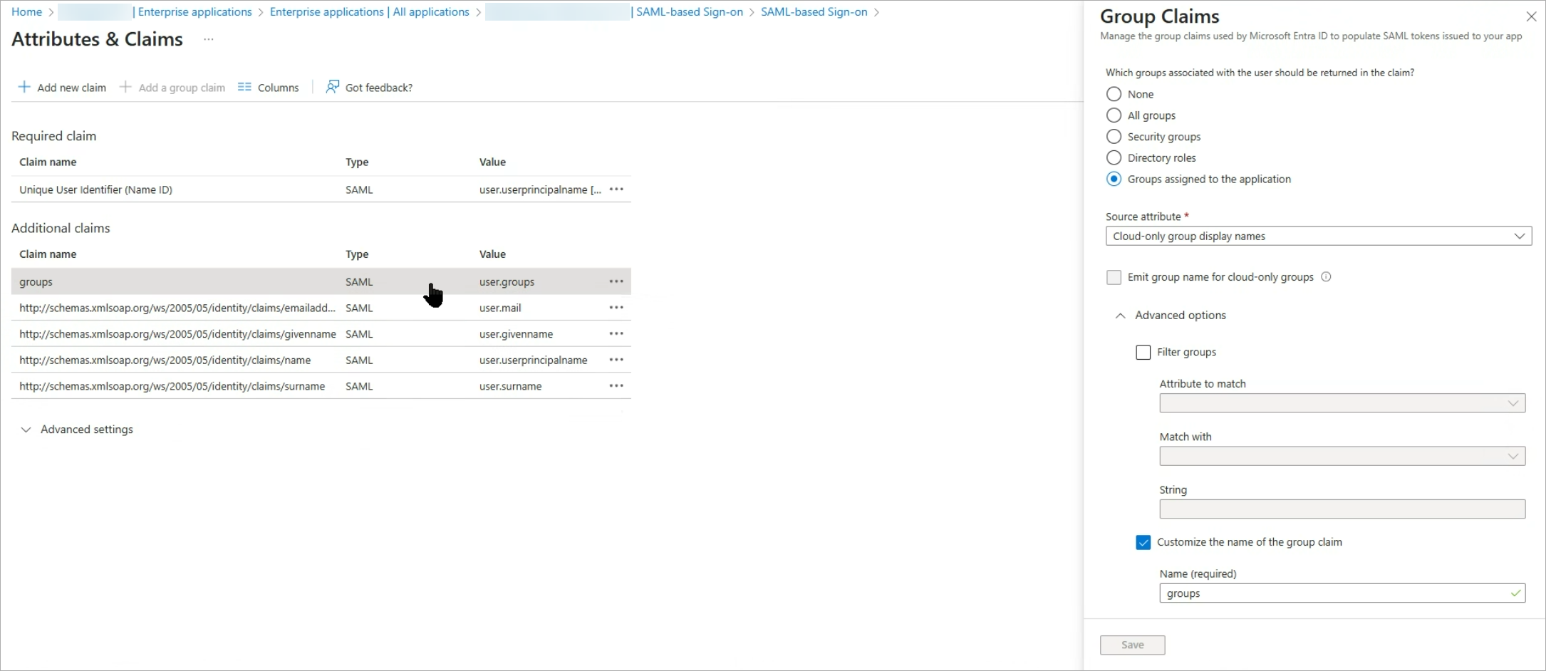 Screenshot of Microsoft Entra ID, add a group claim